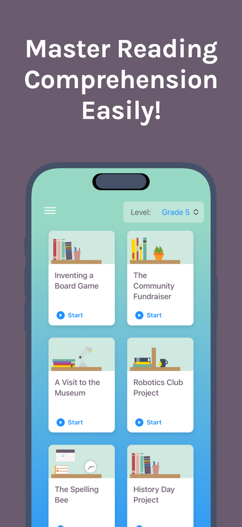 Master Reading Comprehension - La aplicación Domina la Comprensión Lectora mostrando una selección de temas de lectura para estudiantes de 5º grado