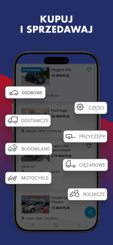 OTOMOTO.pl: Car Marketplace - 구매 및 판매를 위한 차량 카테고리를 보여주는 OTOMOTO 자동차 마켓플레이스의 모바일 화면