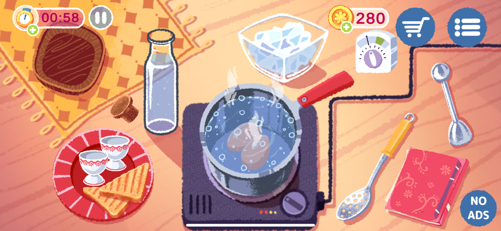 Sofra - Cooking simulator - A cozy kitchen gameplay screen from Sofra showing eggs boiling in a pot and toast on a plate