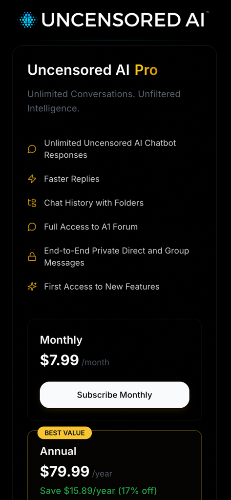Uncensored AI Pro subscription page showing monthly and annual pricing options with a list of premium features