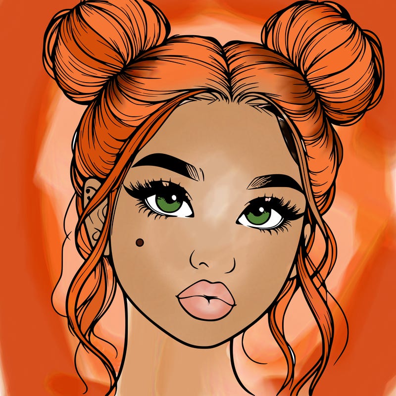 realistic girl with two buns on her hair and lips