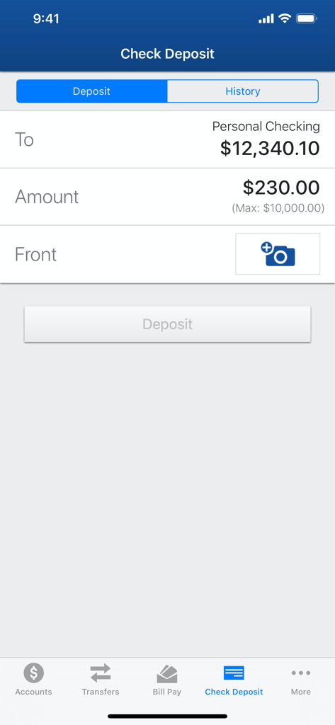 Interface de depósito de cheque do aplicativo móvel Heritage Bank em um iPhone.