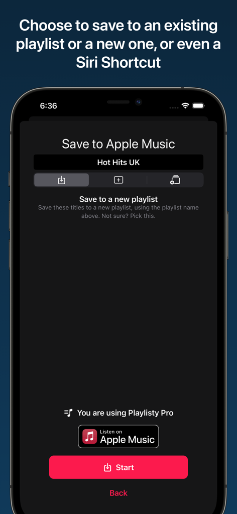Playlisty for Apple Music - Screenshot der Benutzeroberfläche der Playlisty-App zum Speichern einer Playlist in Apple Music oder als Siri-Kurzbefehl.