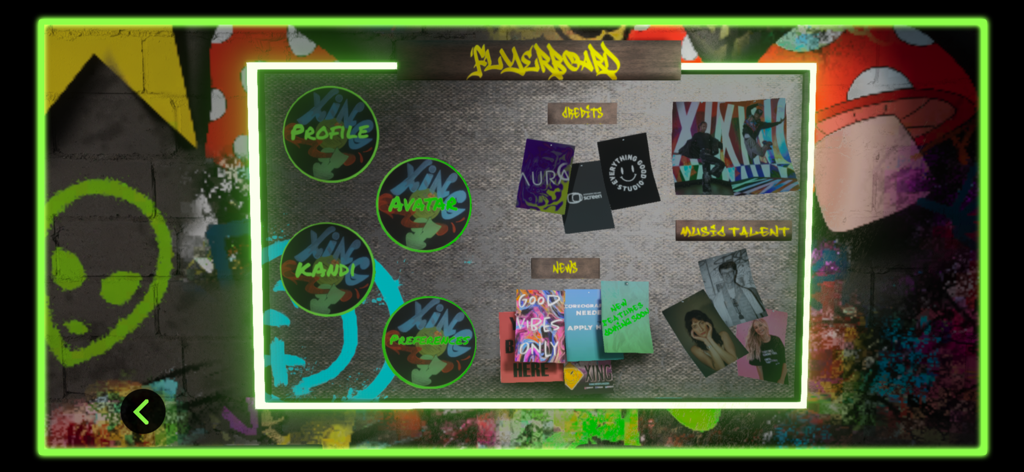 Xing 360 - Menú flyerboard de Xing 360 mostrando opciones de perfil y avatar en estilo grafiti