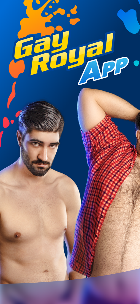 GayRoyal - Dating & Chat - Banner promocional de la app de citas y chat GayRoyal con dos hombres sobre un fondo azul