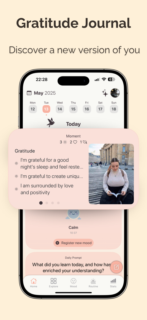 Gratitude Journal & Self Care - Gratefully app interface on an iPhone displaying a daily gratitude log mood tracking and reflection prompts