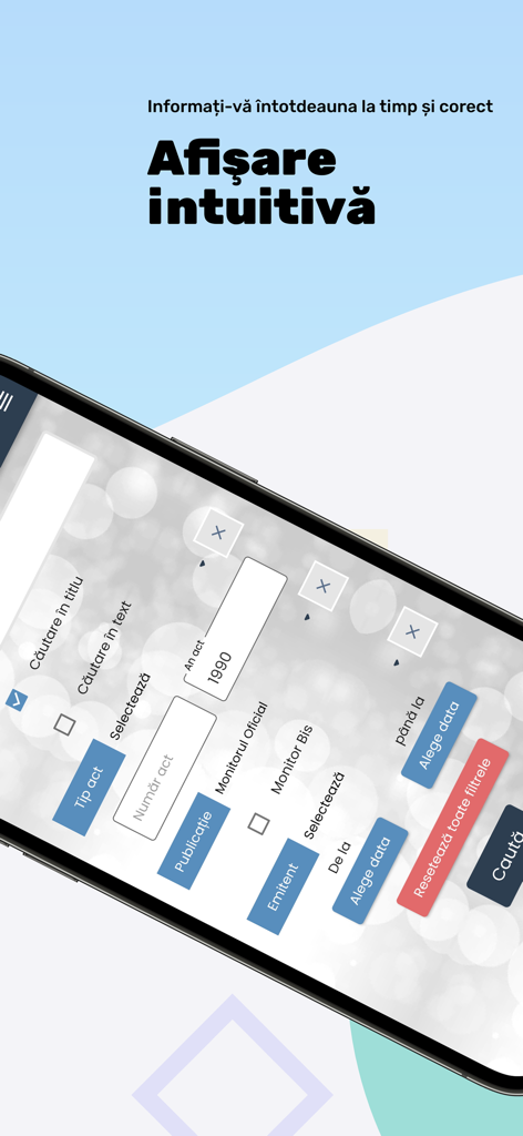 Interfaz de búsqueda de la aplicación Legis Mobile para legislación rumana con varios filtros y campos