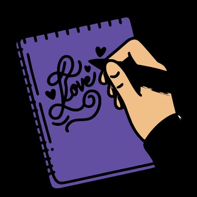 a hand writing “love” in calligraphy on a notebook