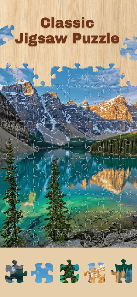 Jigsaw Puzzle: Magic Game - Pantalla del juego móvil que muestra un puzzle de rompecabezas clásico de un paisaje escénico de un lago de montaña.