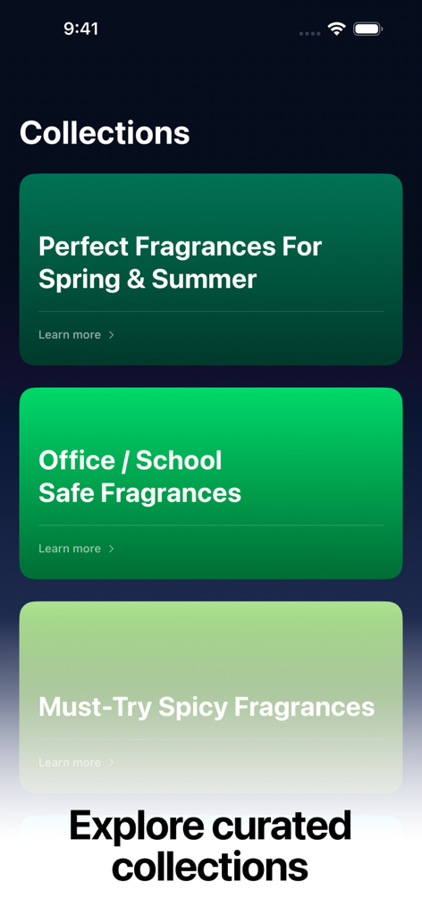 Perfume Advisor - MaxManScents - Mobile app screen showing curated fragrance collections for spring summer and office environments