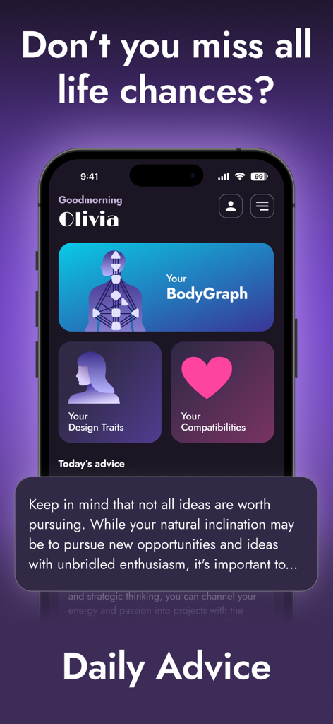 Dashboard of the Stella Human Design app showing a personalized bodygraph and daily advice pop up