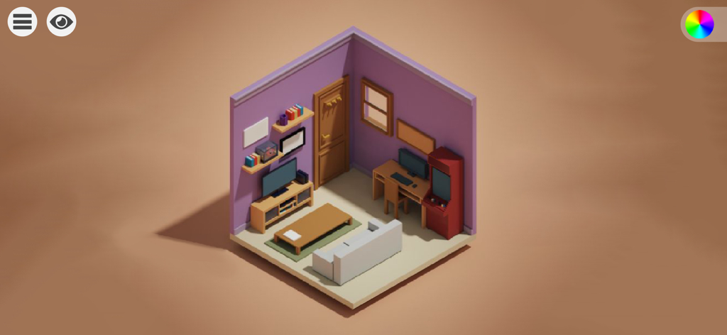 Design Dream Room - Isometric view of a purple 3D living room with furniture and arcade machine in Design Dream Room game