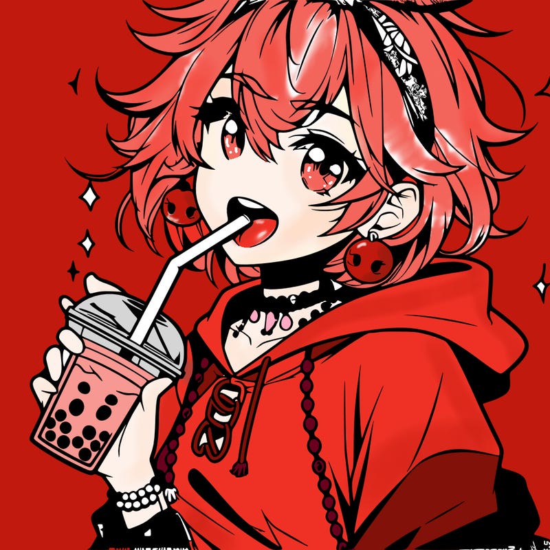 hot baddie anime girl drinking boba and biting the straw