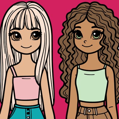 2 girl teens one with straight hair and one with curly hair