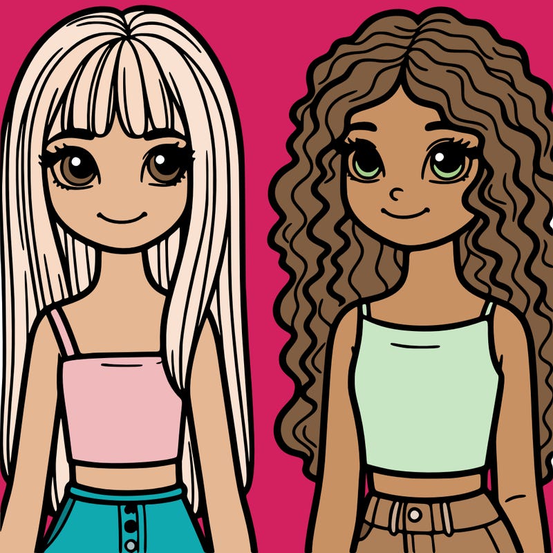 2 girl teens one with straight hair and one with curly hair