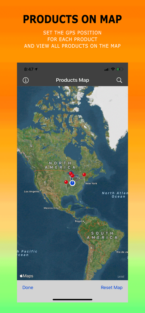 Smarter Inventory - The Smarter Inventory app interface showing a world map with red pins indicating the GPS positions of various products