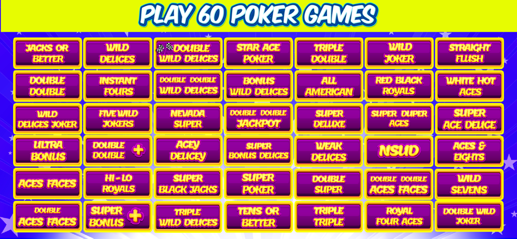 ビデオポーカーチャンピオンカジノで利用可能な60の異なるビデオポーカーゲームバリアントを表示するメニュー画面