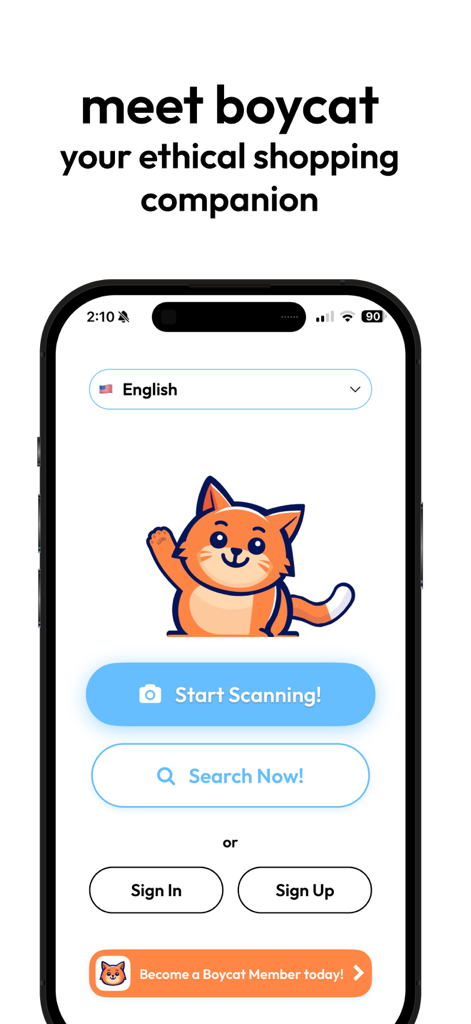 Boycat: Ethical Shopping - Tela inicial do aplicativo de compras éticas Boycat com um mascote de gato de desenho animado e opções para começar a escanear produtos