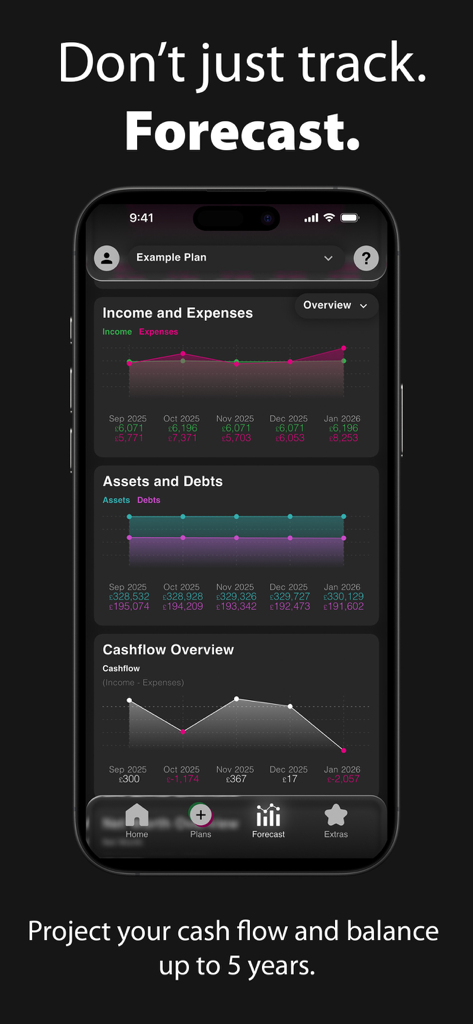 Plans.TheApp: Finance Forecast - iPhone screenshot of the Plans app showing financial forecast charts for income assets and cashflow over a five year period