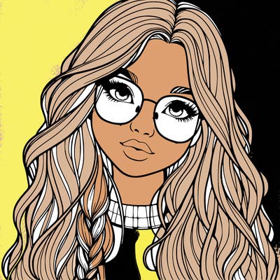 girl with long hair and freckles and glasses realistic