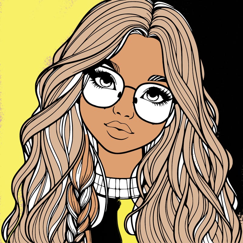girl with long hair and freckles and glasses realistic