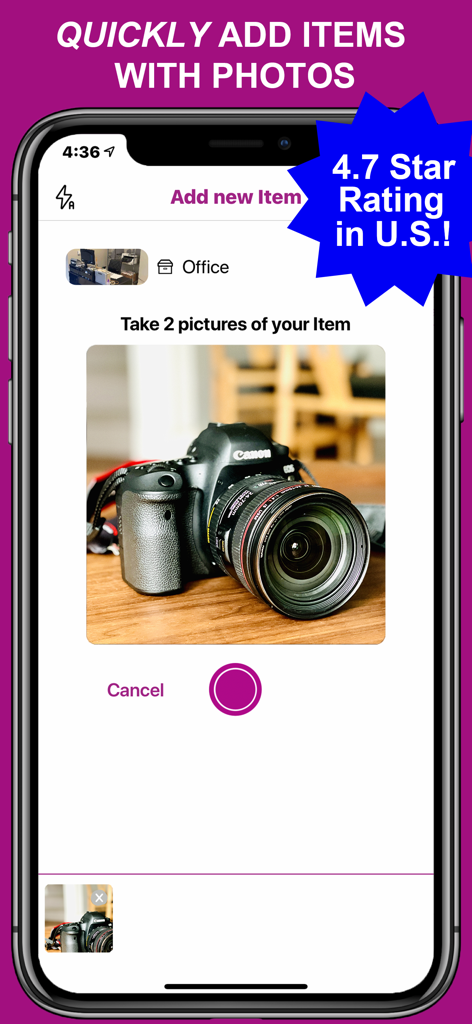 Everspruce app interface for adding a new item to home inventory by taking photos