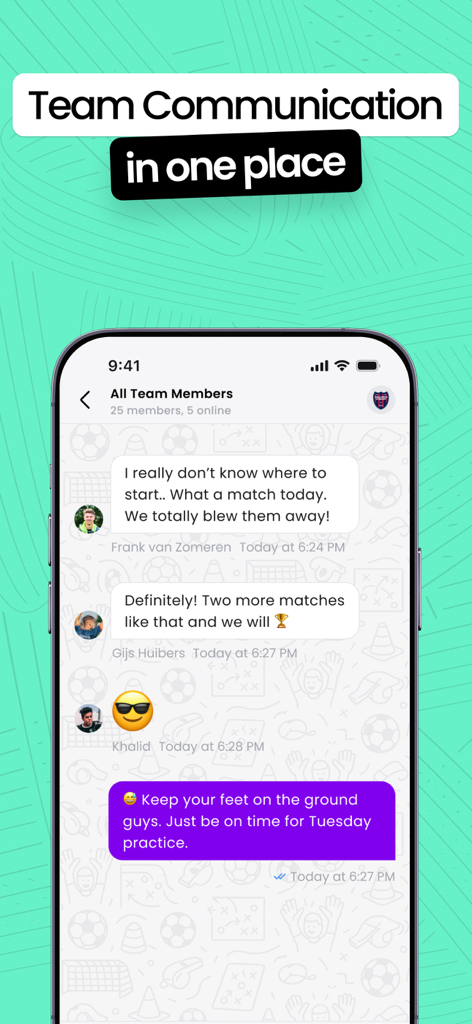 Mingle Sport app team communication and chat interface for soccer teams