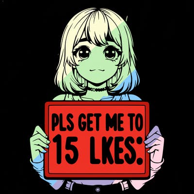 realistic girl holding up a sign that says “pls get me to 15 likes!”