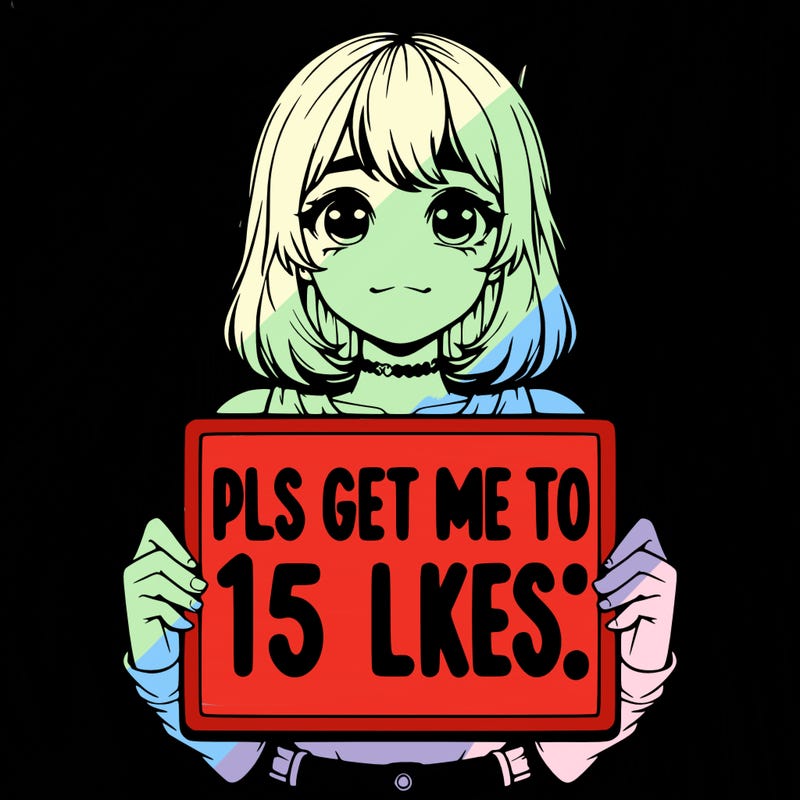 realistic girl holding up a sign that says “pls get me to 15 likes!”