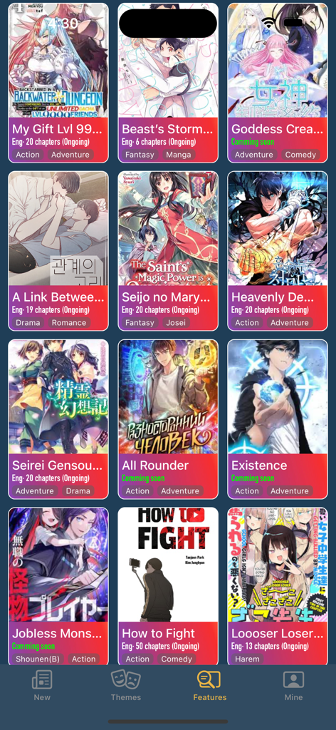 Manga Reader: Webtoon & Comics - アプリライブラリで、ジャンルタグとステータスアップデートが付いた様々なマンガとWebtoonのタイトルのグリッド。