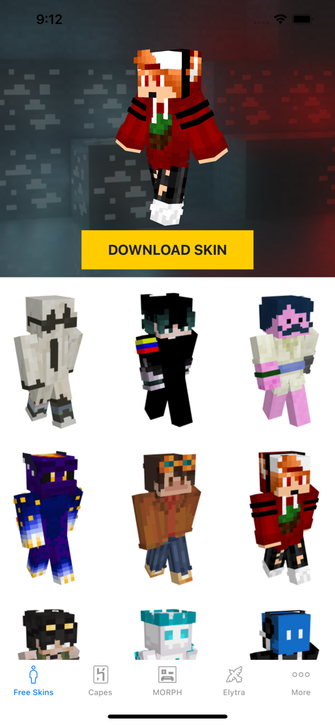 A selection of free Minecraft character skins in the Morph Mod app