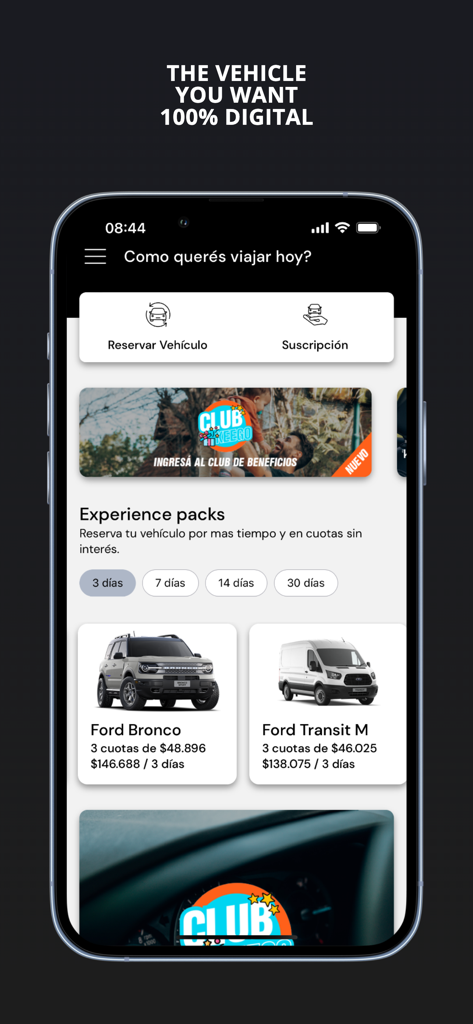 Interfaccia dell'app MyKeego che mostra le opzioni di noleggio auto per Ford Bronco e Transit