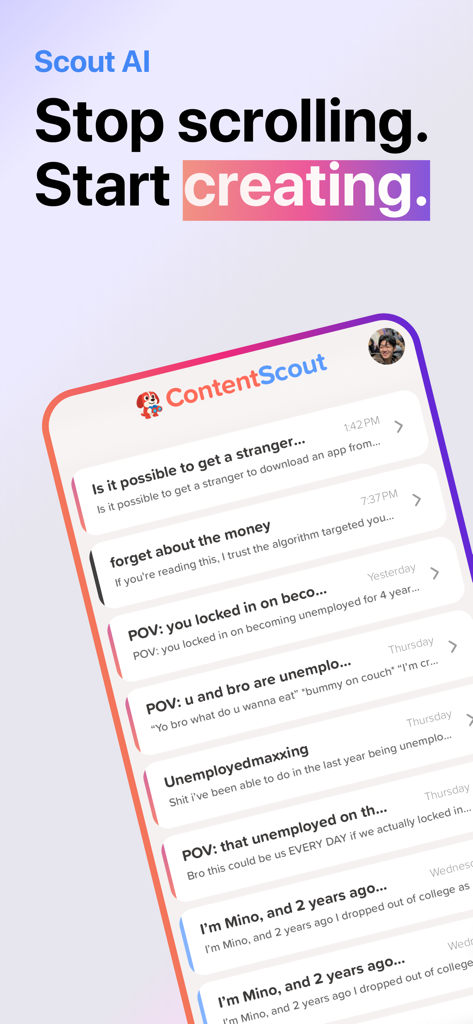 クリエイター向けのバイラル動画のフックとスクリプトを表示するScout AIアプリ画面
