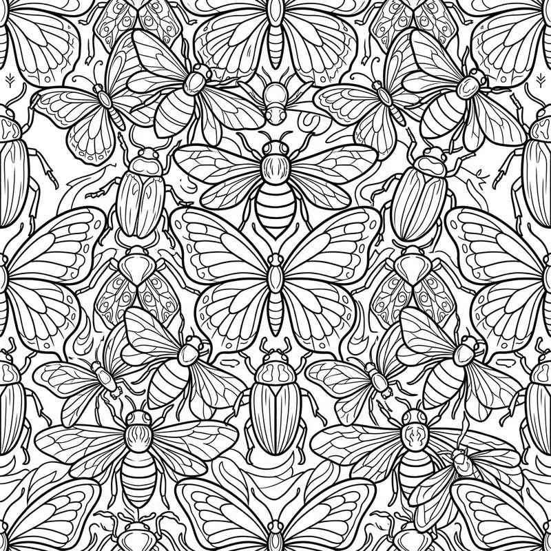 Unleash your creativity with this stunning insect tessellation coloring page. Featuring an intricate, interlocking pattern of butterflies, bees, and beetles, it offers hours of relaxing and engaging coloring fun.