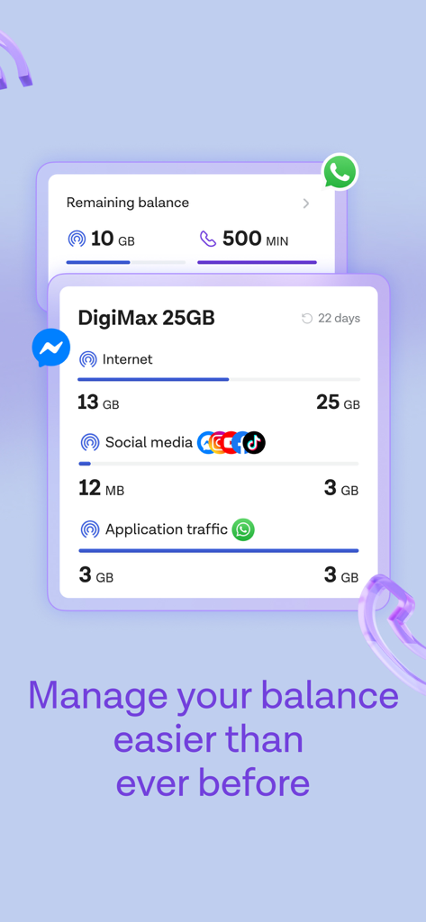 Interfaccia dell'app Azercell che mostra il saldo dei dati mobili e il monitoraggio dell'utilizzo dei pacchetti Internet
