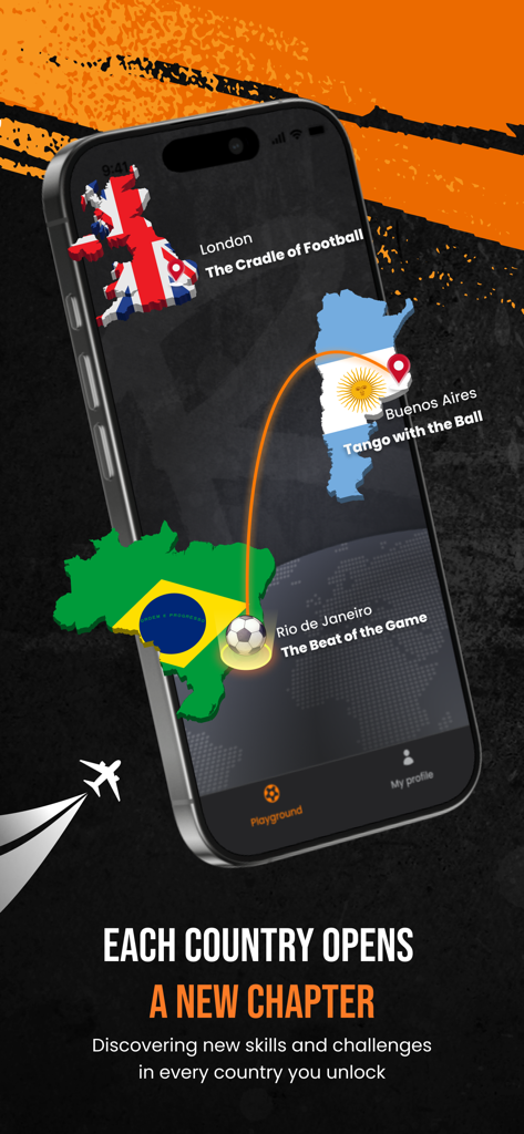 R10 Ronaldinho Playground - A smartphone screen showing the R10 Ronaldinho Playground app map interface where players unlock new countries and freestyle soccer skills