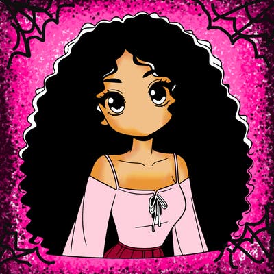 a black anime girl with long afro hair