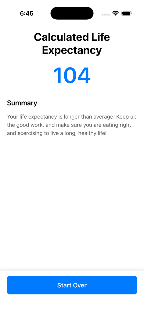 LivingTo100.com - LivingTo100 app screen showing a calculated life expectancy of 104 with a summary message.