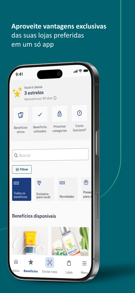 Parque Dom Pedro - Smartphone exibindo um programa de fidelidade de aplicativo de shopping center com recompensas de estrelas em níveis e benefícios exclusivos