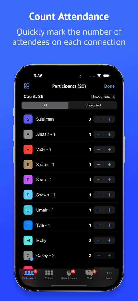 Attendant Pro for Zoom - A smartphone screen displaying the attendance counting feature in the Attendant Pro for Zoom app.