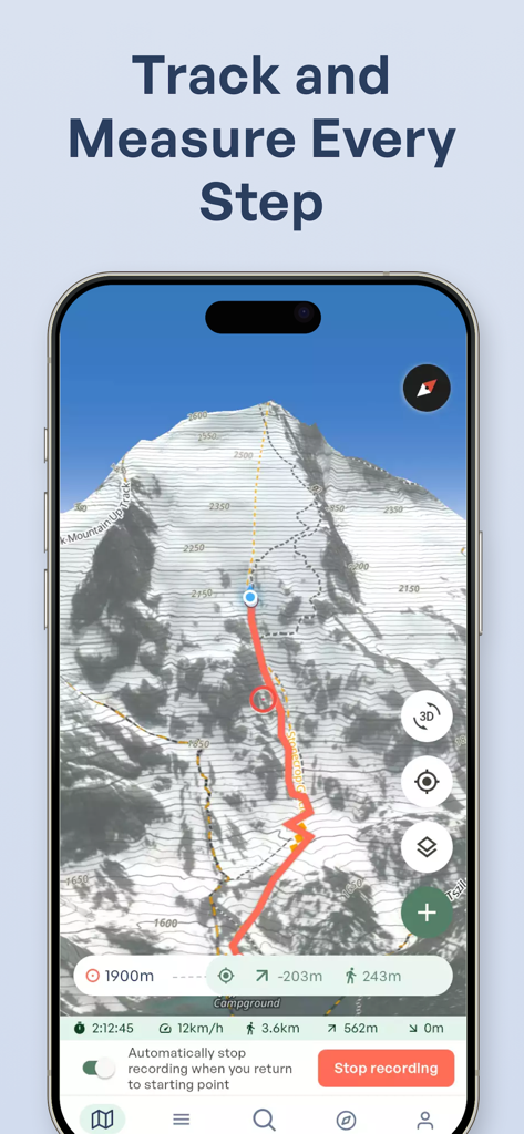 Outmap app interface showing a 3D topographic mountain map with a recorded ski route and performance statistics like elevation gain and speed
