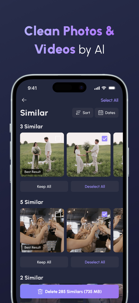 Magic Cleaner-Clean Storage ! - Interfaz de aplicación móvil que muestra fotos similares detectadas por IA listas para ser eliminadas y liberar espacio de almacenamiento.