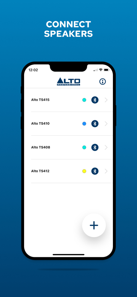Alto Pro - Interface of the Alto Pro app showing a list of Alto Professional TS4 series speakers available for Bluetooth connection