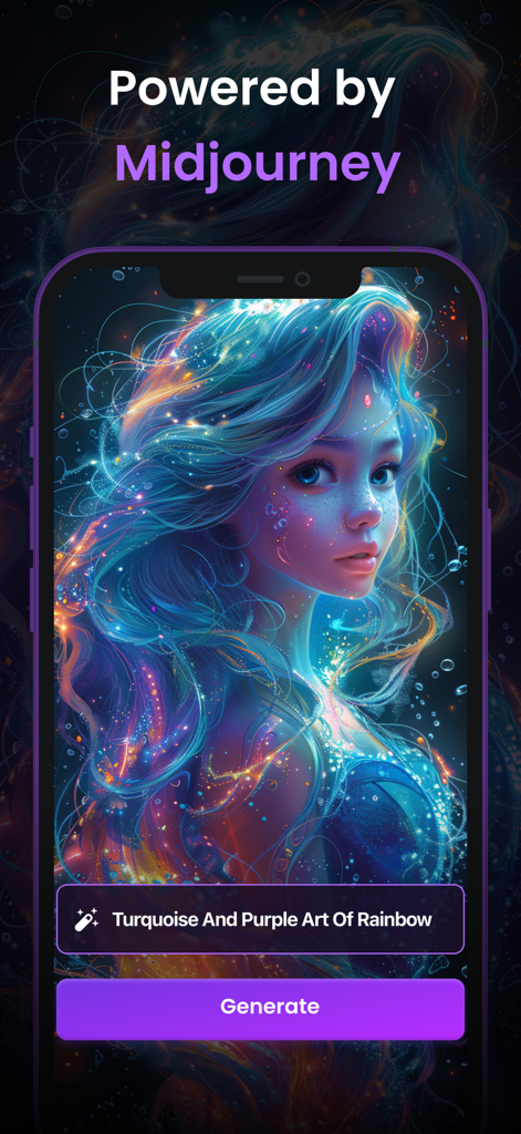 AI Fantasy- AI Image Generator - AI Fantasy app interface showing a colorful fantasy portrait with a text prompt box and a generate button