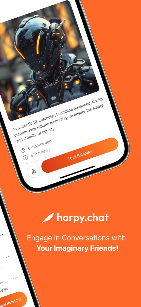 harpy.chat - 로봇 AI 캐릭터 프로필과 롤플레잉 시작 버튼이 있는 harpy.chat 앱 인터페이스