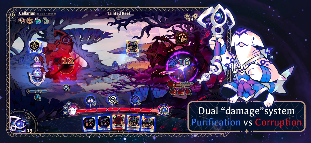 Astrea: Six-Sided Oracles - Astrea Six Sided Oraclesのゲームプレイ、浄化対腐敗のデュアルダメージシステムを表示