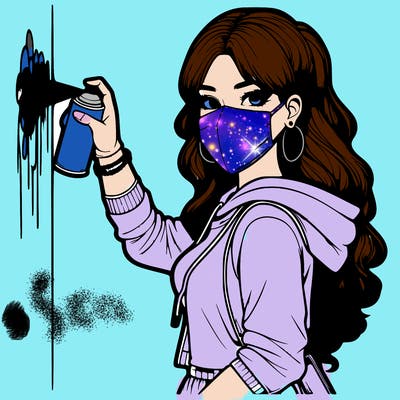 realistic girl with mask spray painting a wall