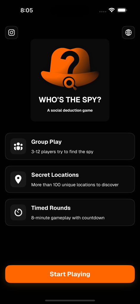 WHO'S THE SPY - منو الجاسوس - Whos the Spy app main menu featuring social deduction game options and features