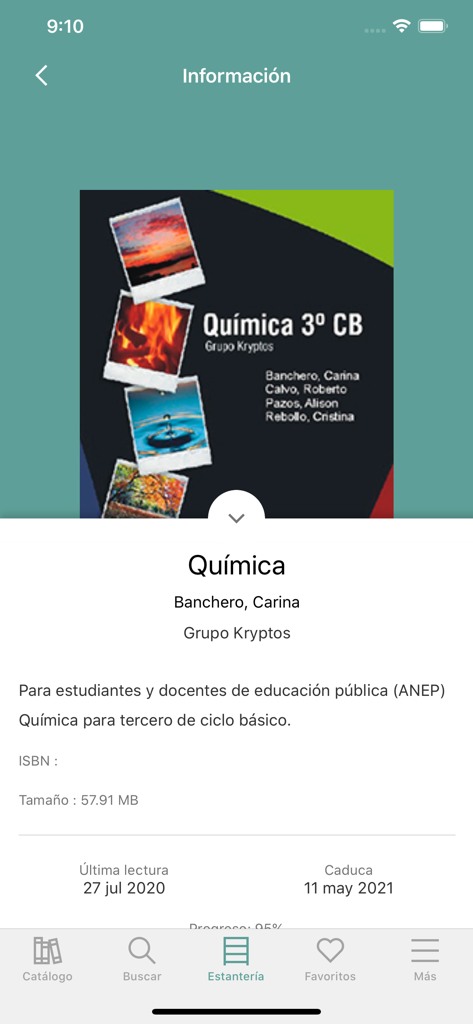 Information screen for a chemistry textbook in the Biblioteca Pais app