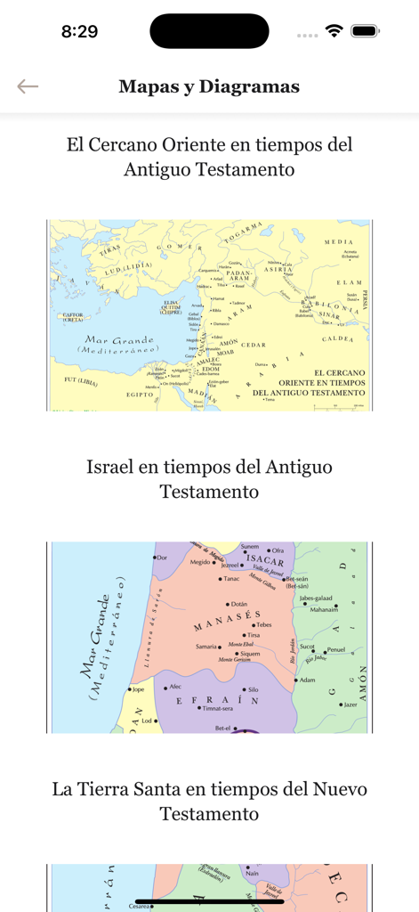 Sección de mapas y diagramas históricos en la aplicación Santa Biblia Versión Recobro